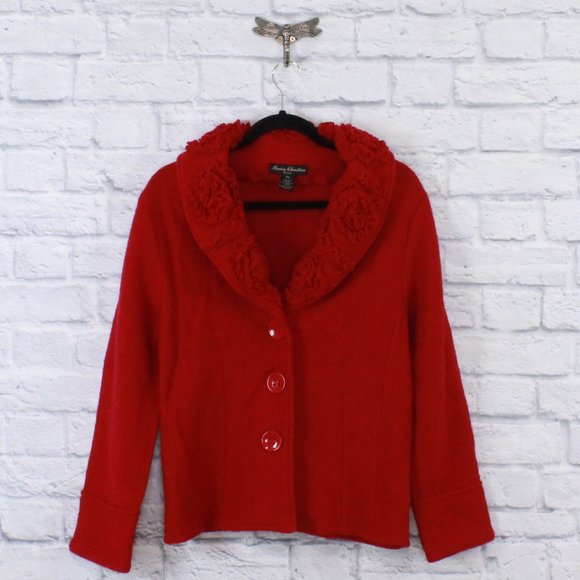 Marisa Christina Sweaters - Marisa Christina Red Boiled Wool Detailed Collar Button Front Cardigan Size PM